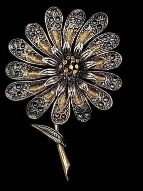 Art Gerber Daisy Brooch Filigree Gold & Silver Tone Arthur Pepper 1960s Pin